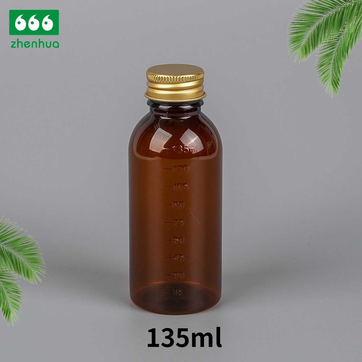 125/135ml 透明/琥珀色圆形 PET 刻度药用糖浆瓶，带罗纹光滑盖