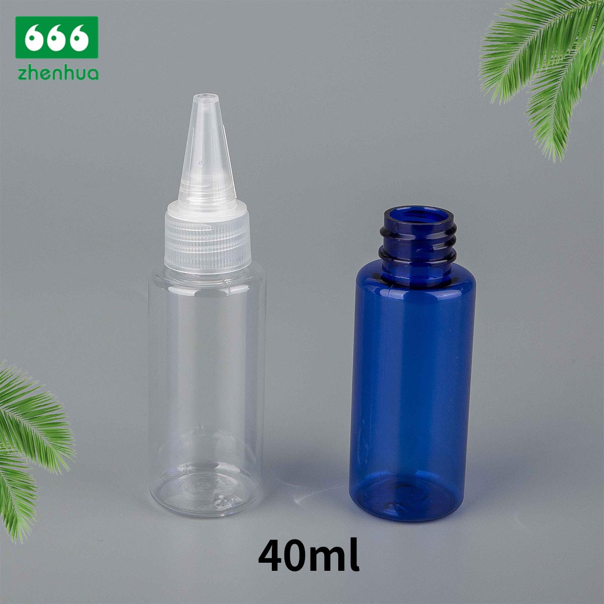 40ML 蓝色/透明塑料 PET 液体包装圆筒瓶，带转塔翻盖